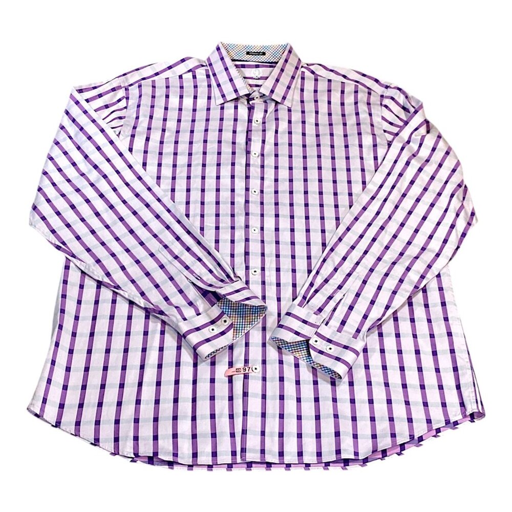 BUGATCHI UOMO Shirt Mens XXL 2XL Purple Gingham Dress Classic Fit Professor Dad